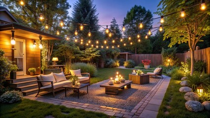 Obraz premium Warm and inviting outdoor ambiance is created by soft glowing string lights, lanterns, and subtle uplighting that illuminate a serene backyard oasis at dusk.