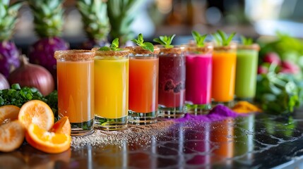 Colorful layered wellness shots in small glasses, displayed on a vibrant health-focused counter with fresh ingredients. 