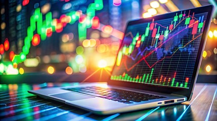 A laptop in a vibrant high tech environment displaying dynamic stock market charts filled with colorful data depicting financial trends performance and analytics for investment strategies