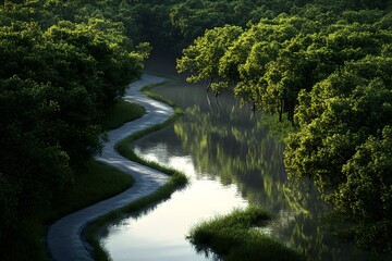 Serene River Pathway Through Lush Greenery