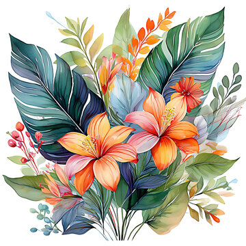 watercolor orange flowers green leaves arrangement clip art preview