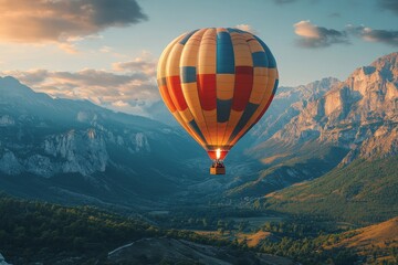 Obraz premium An air balloon flying over mountain. Generative AI
