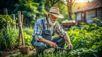 Weathered elderly man in overalls and straw hat tends to rustic farmhouse garden, surrounded by lush greenery and vintage farm tools.