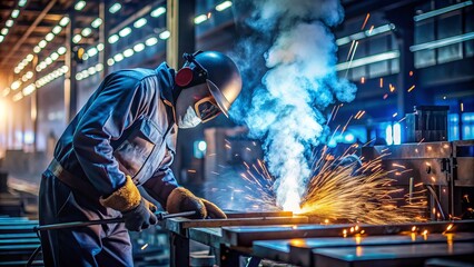 Welding sparks illuminate a dark factory workspace, as a lone worker in protective gear cuts through metal, releasing a cloud of fumes into the air.