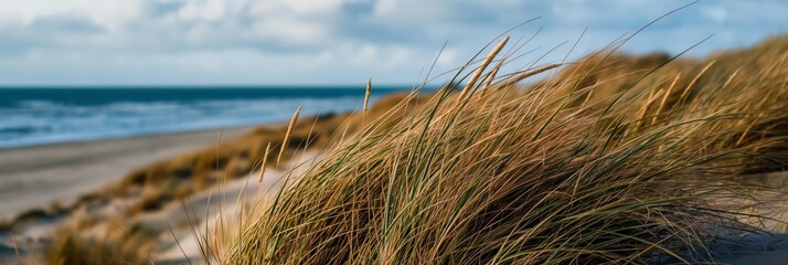 Tall beach grasses sway gently in the breeze along a sandy coastline, with the vast blue ocean in the background, evoking a sense of peace and natural beauty.
