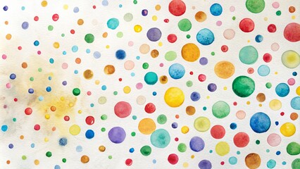 Whimsical, hand-painted, colorful dots in various sizes, with subtle texture and minor imperfections, scattered randomly on a clean white background.