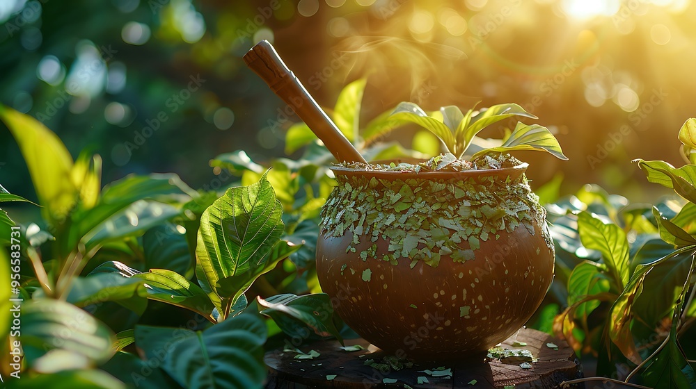 Wall mural Freshly brewed yerba mate in traditional gourd with bombilla, surrounded by green leaves and sunlight. 