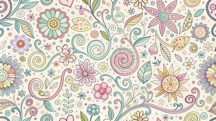Fototapeta premium Whimsical hand-drawn doodle pattern featuring intricate swirls, flowers, and geometric shapes in pastel colors on a soft, textured white background.
