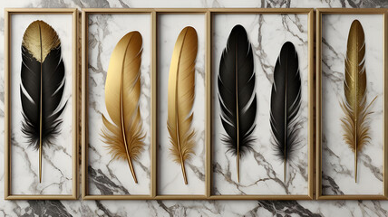 Feather set in 3 frames in gold and black on marble background