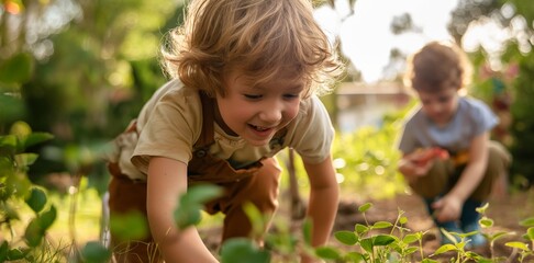Two young children are engaged in a joyful gardening activity, surrounded by lush greenery, with one child focused on the plants and the other in the background.