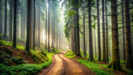 Obraz premium Winding dirt trail stretches through dense, misty forest, surrounded by towering trees, symbolizing life's challenging journeys and perseverance required to reach brighter destinations.