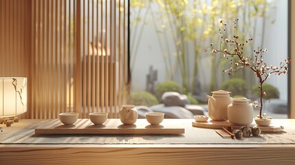 Traditional Chinese tea ceremony setup, featuring a gongfu tea set with delicate teacups and a serene atmosphere. 