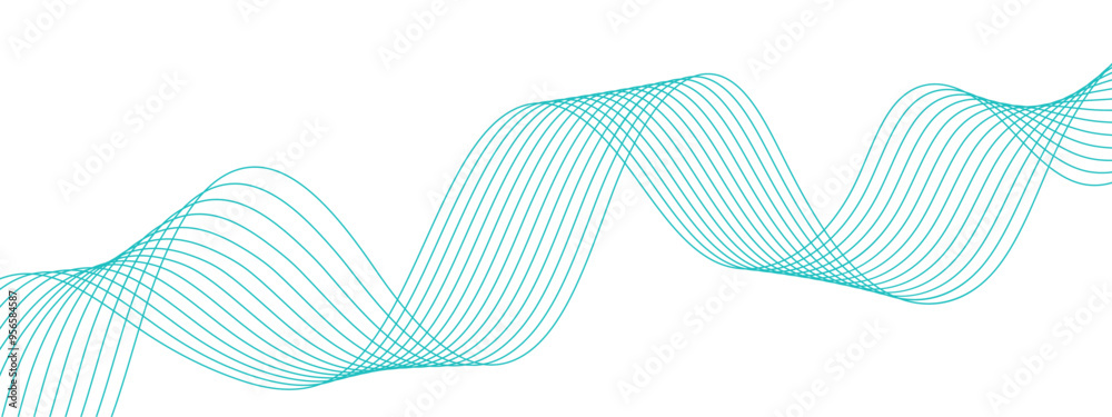 Aufkleber Minimalist Abstract Wavy Line Design – Dynamic Fluid Background with Teal Gradient for Modern Art, Technology, and Motion Graphics. Science frequency gradient lines with blue