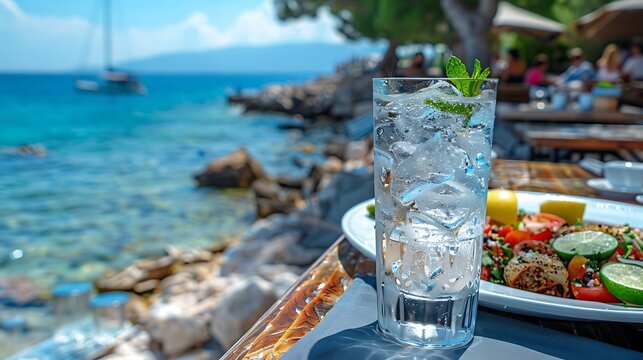 Traditional Greek ouzo with water and ice, served in a tall glass with a side of meze on a coastal Greek setting. 