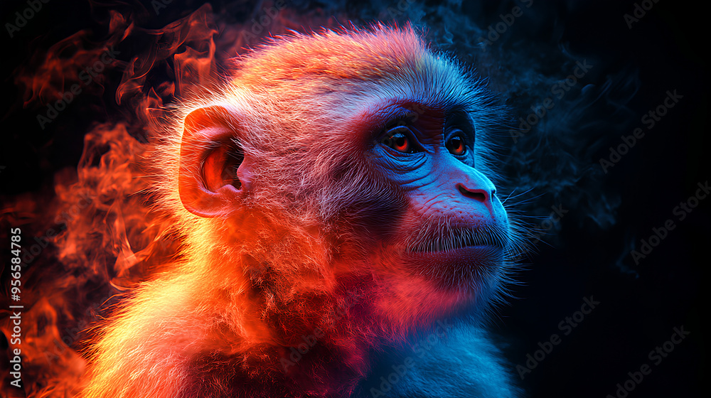 Wall mural monkey, the head of a monkey in a multi-colored flame. abstract multicolored profile portrait of a m