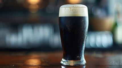 Traditional Irish Guinness with perfect foam, served in a pint glass, placed on a wooden pub table. 
