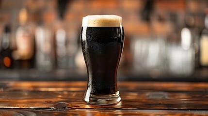 Traditional Irish Guinness with perfect foam, served in a pint glass, placed on a wooden pub table. 