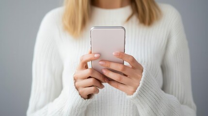 Woman using a smartphone, isolated background, studio setting.