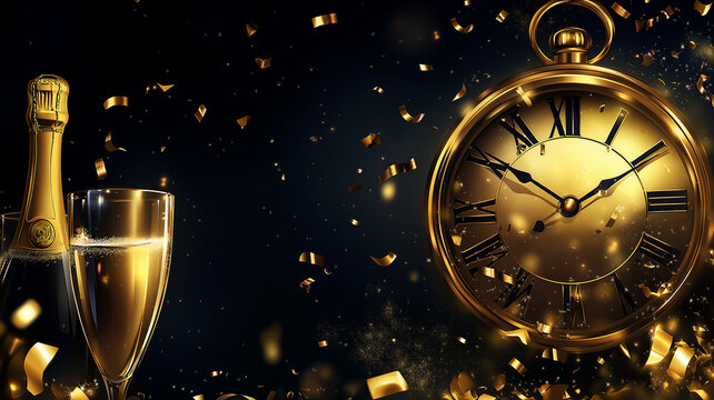 Illustration of a clock striking midnight, surrounded by golden confetti, champagne glasses, and luxury elements, ideal for a New Year&rsquo;s Eve countdown theme.