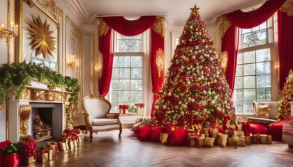 Festive Red and Gold Christmas Extravaganza
Enter a grand and festive Christmas setting where bold red and shimmering gold decorations create a sense of luxury and celebration.