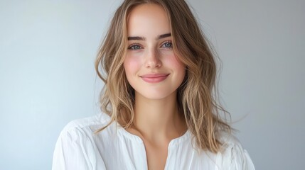 Fototapeta premium Woman in a white blouse taking a selfie at home, isolated background, studio setting.