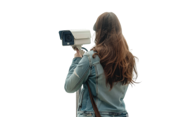 A woman wearing a blue jacket is taking a picture of a security camera