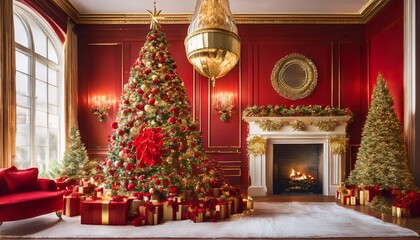Fototapeta premium Festive Red and Gold Christmas Extravaganza Enter a grand and festive Christmas setting where bold red and shimmering gold decorations create a sense of luxury and celebration.
