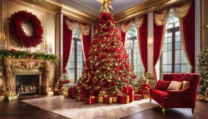 Fototapeta premium Festive Red and Gold Christmas Extravaganza Enter a grand and festive Christmas setting where bold red and shimmering gold decorations create a sense of luxury and celebration.