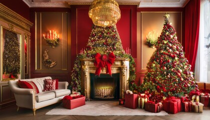 Fototapeta premium Festive Red and Gold Christmas Extravaganza Enter a grand and festive Christmas setting where bold red and shimmering gold decorations create a sense of luxury and celebration.