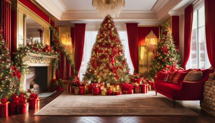 Festive Red and Gold Christmas Extravaganza
Enter a grand and festive Christmas setting where bold red and shimmering gold decorations create a sense of luxury and celebration.