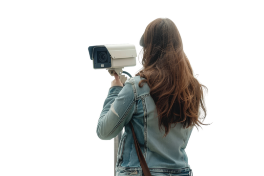 A woman wearing a blue jacket is taking a picture of a security camera