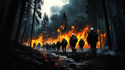Army marching through burning forest at night, war concept art with dramatic lighting