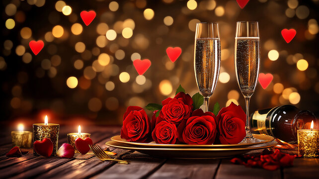 A romantic dinner setup with red roses, champagne, golden cutlery, candles, and a heart-shaped motif in the background, evoking a sense of luxury and love.