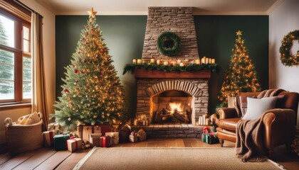 Fototapeta premium Rustic Christmas Charm in Earthy Tones Experience the warmth of a rustic Christmas with a tree decorated in earthy tones of brown, gold, and deep green.