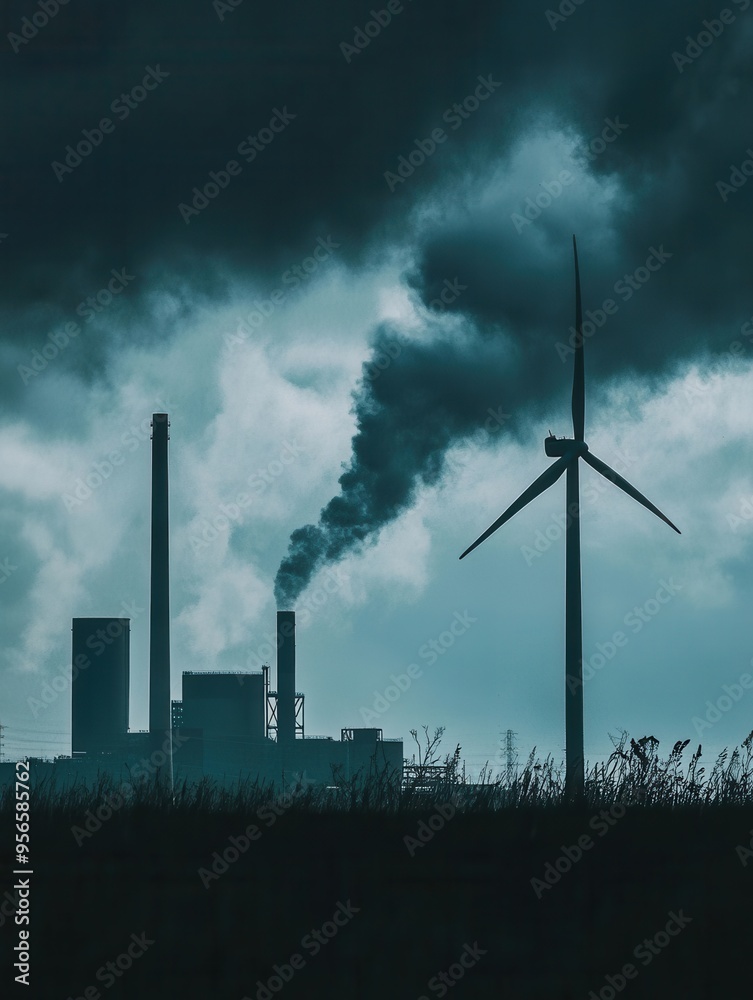 Poster Closed coal mines and factories lie in the background while wind turbines symbolize the shift to sustainable energy practices. Generative AI