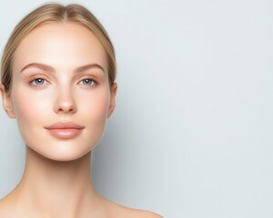 Obraz premium Stunning woman with flawless skin, against a white backdrop, ample room for text.