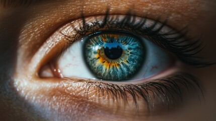 Fototapeta premium Close-up of human eye, eyelashes, and skin around the eye.