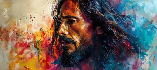 Jesus painted in abstract colors each representing a different ethnicity's essence