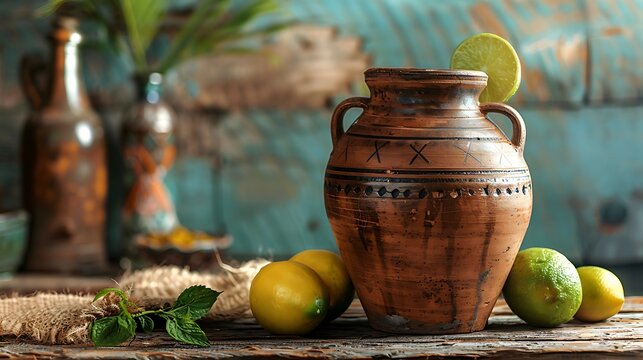 Traditional Mexican tepache fermentation process, with traditional clay pot, set on a rustic wooden table with Mexican decor. 