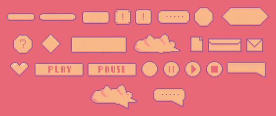 Pixel Art Speech Boxes, Dialogue Boxes Assets for retro Games, speech bubbles messages and quote frames vector set pink and peach color.
