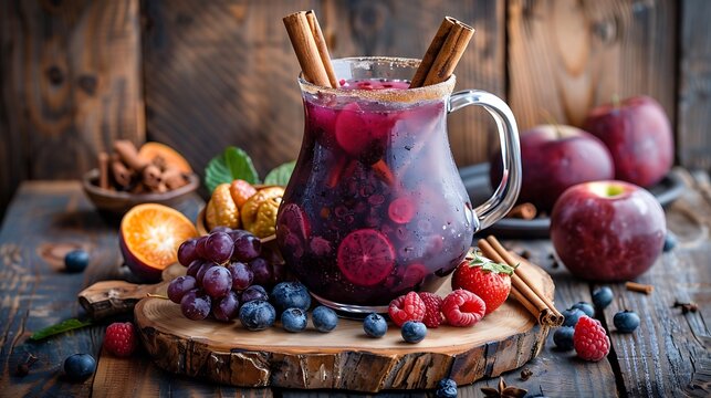 Traditional Peruvian chicha morada in pitcher, with cinnamon sticks and fresh fruits, placed on a rustic wooden table. 