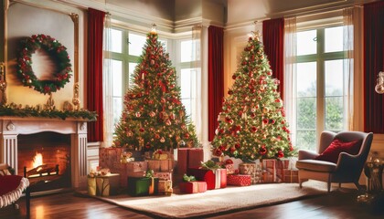 Classic Red and Green Christmas Magic
Imagine a cozy living room adorned with classic red and green decorations.