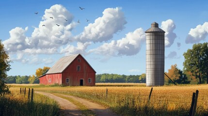 A barn and silo on a field, representing the traditional farming landscape.