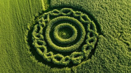A crop circle pattern icon, symbolizing agricultural innovation, on a green field background.