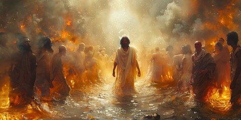 Jesus standing in an abstract river of time with diverse people floating towards him