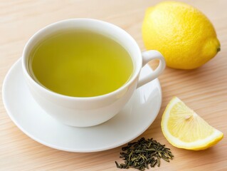 Cup of green tea with a lemon wedge on the side, rich in antioxidants, brain-stimulating beverage
