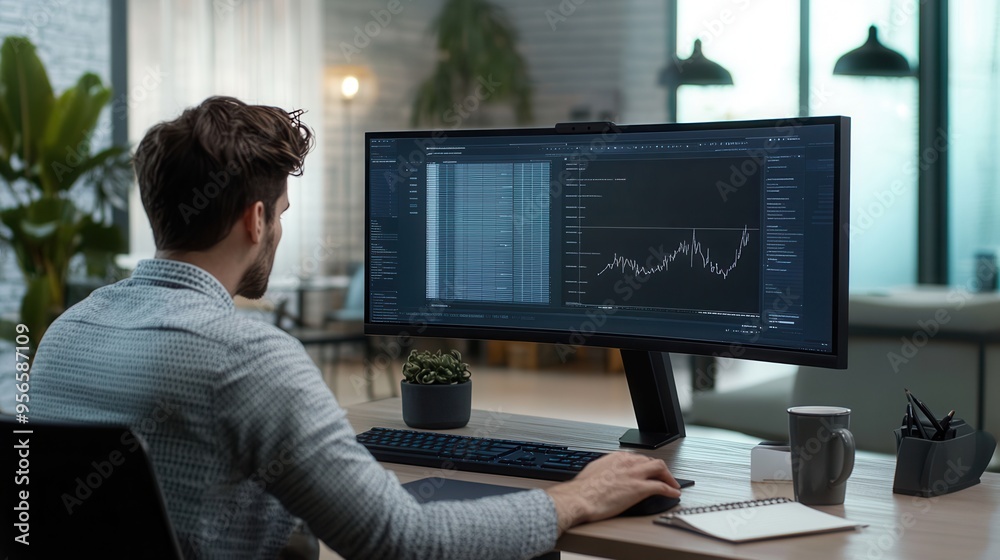 Aufkleber A professional intensely focuses on data analysis at a large monitor in a clean workspace, complete with coffee and a notepad. Generative AI