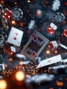 Playing cards, poker chips, and dice falling down with a fiery sparks background