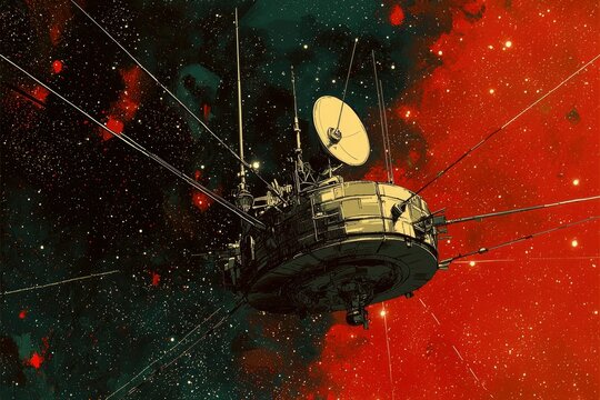 A vintage illustration of a Soviet spacecraft in space