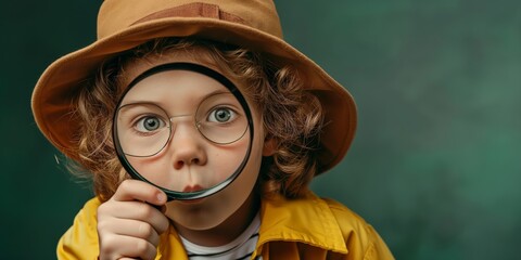 A curious child with round glasses and a hat examines something closely with a magnifier, highlighting the spirit of exploration and discovery in a playful setting.